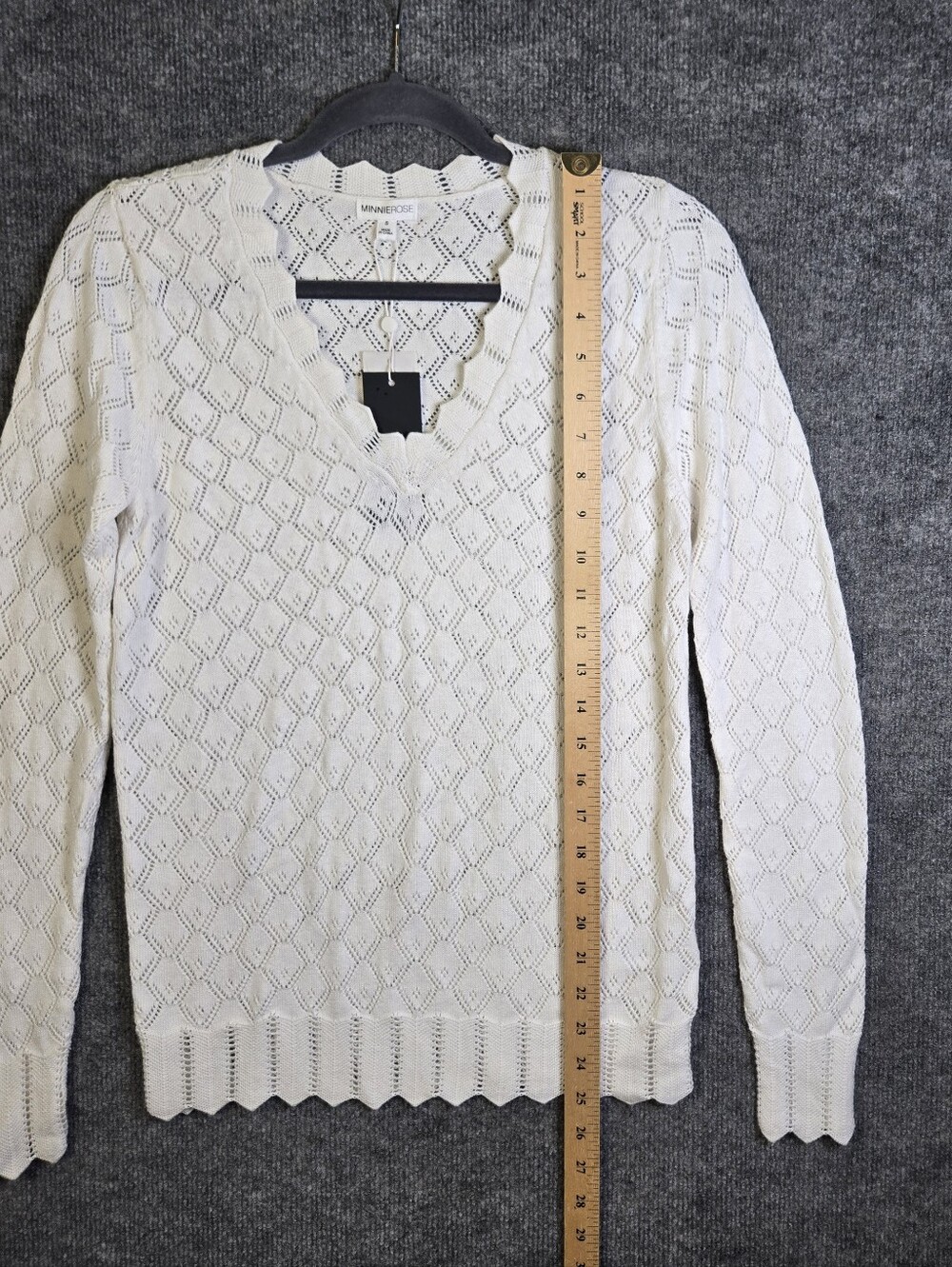 MinnieRose Sweater Womens S White Pointelle Open Knit Cotton Cashmere V Neck New - Picture 6 of 12